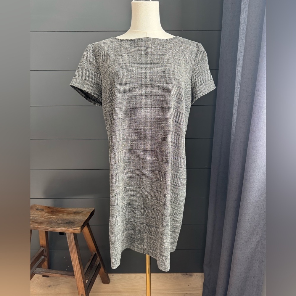 Zara Gray and Black Plaid Shift Women Short Sleeve Mini Dress Pull-on Classic - Picture 2 of 7
